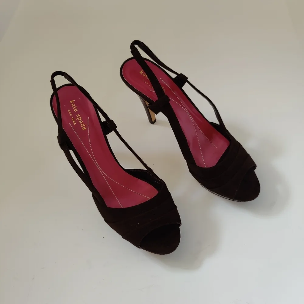 KATE SPADE Brown Suede Peep Toe Slingback Heels